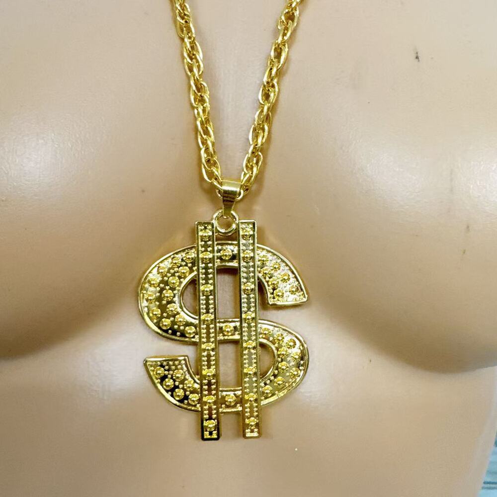 Gold Dollar Sign Pendant Necklace Hip Hop Bling Rhinestone Chunky Chain